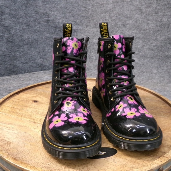 new girls dr martens 1460 JR/youth 3, 4 or 5 black patent leather floral print - Picture 2 of 4